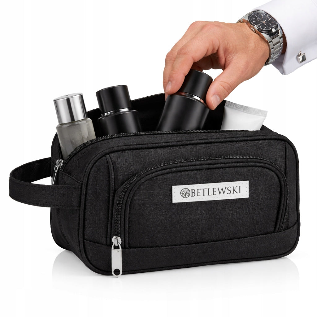 BETLEWSKI Travel Cosmetic Bag SPACIOUS Men's Organizer Black for Travel