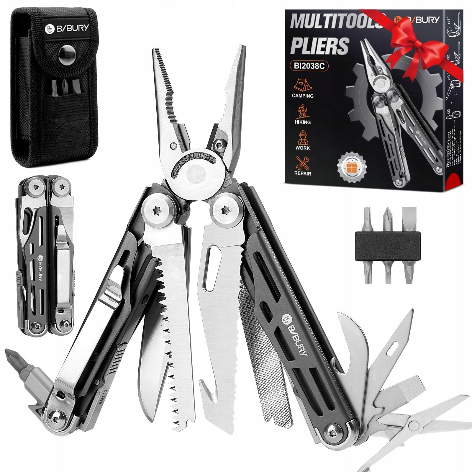 BIBURY Multitool 19in1 Stainless Steel With Ticks Knife Scissors