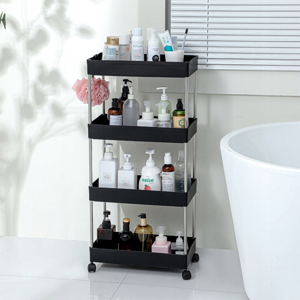BLACK BOOKCASE ON WHEELS 4 SHELVES NARROW 22x40x87-92 CM BATHROOM KITCHEN Brand CoolStaff