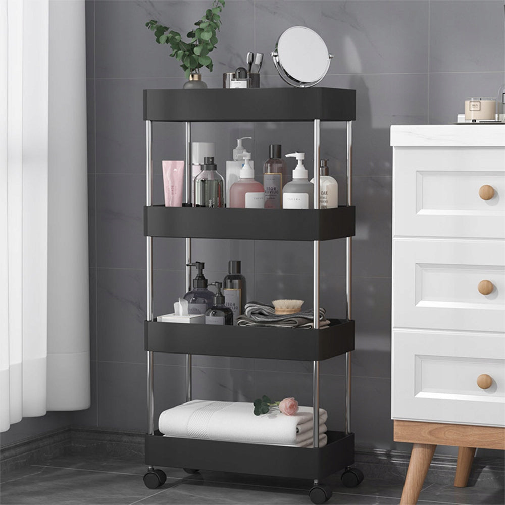 BLACK BOOKCASE ON WHEELS 4 SHELVES NARROW 22x40x87-92 CM BATHROOM KITCHEN Manufacturer code Półka Wózek Kuchenny Łazienkowy