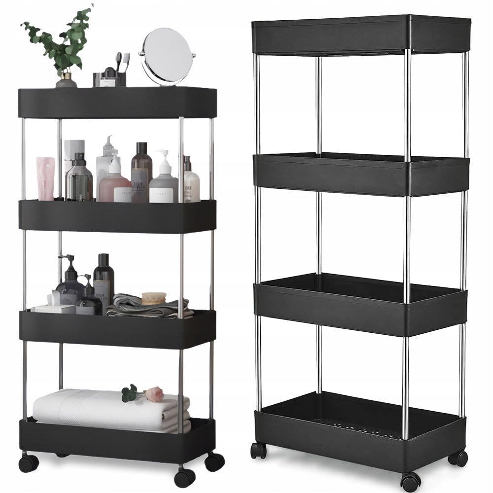 BLACK BOOKCASE ON WHEELS 4 SHELVES NARROW 22x40x87-92 CM BATHROOM KITCHEN