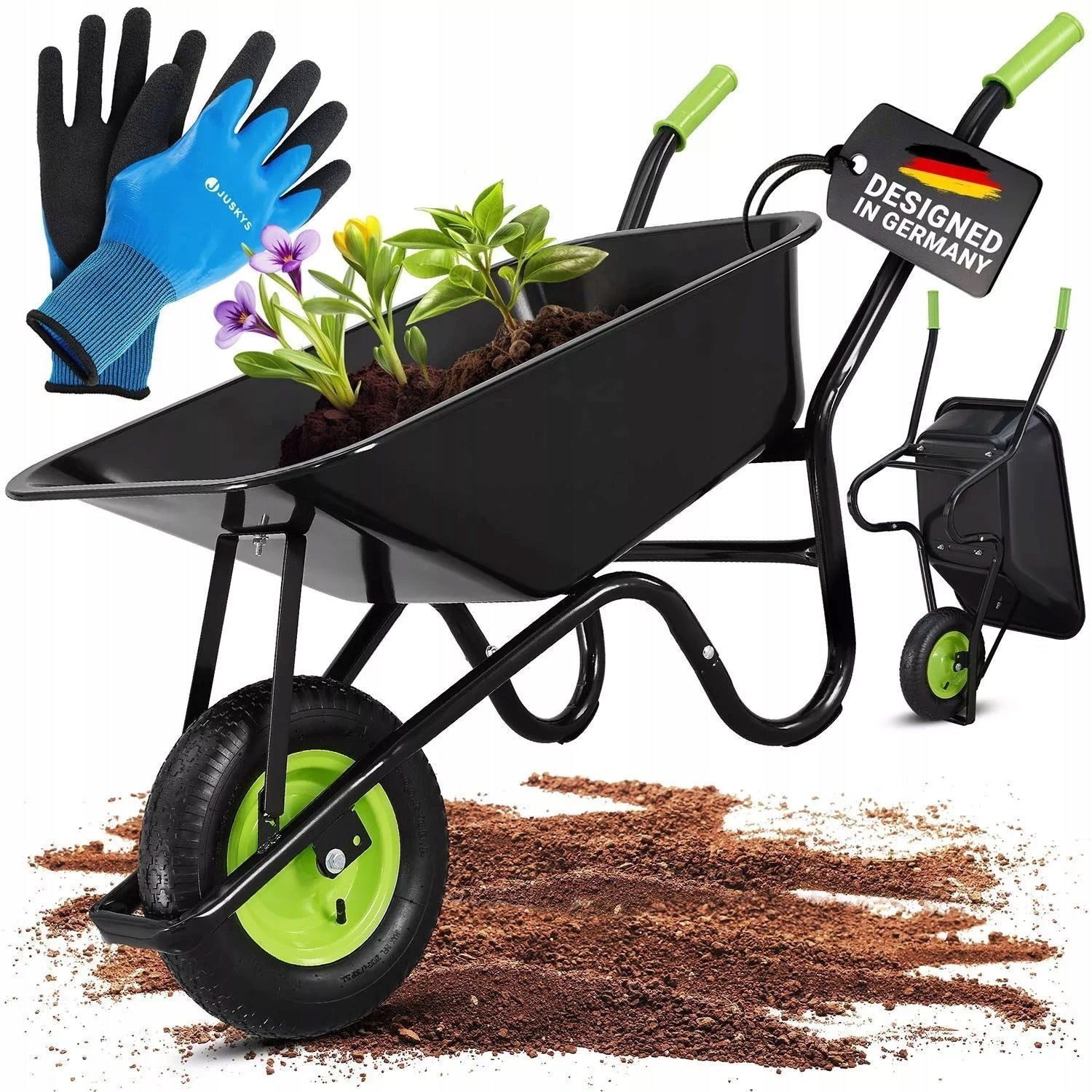 BLACK CONSTRUCTION GARDEN WHEELBARROW 210 KG 100L + WORK GLOVES