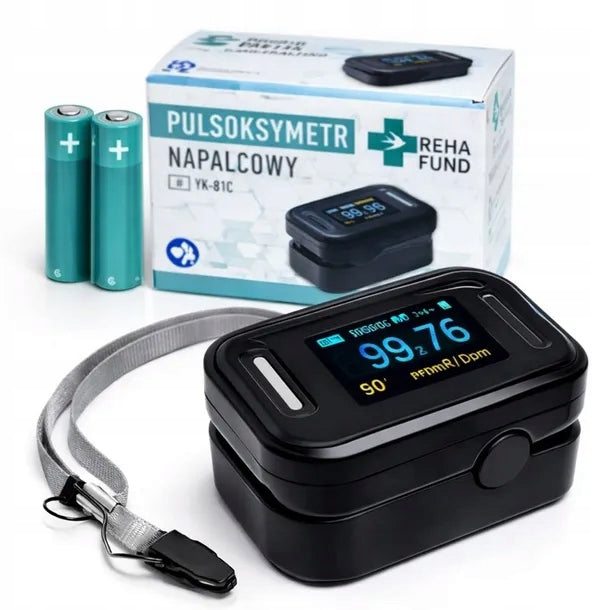 BLACK FINGER MEDICAL PULSE OXIMETER, SATURATION, HEART RATE, LARGE DISPLAY