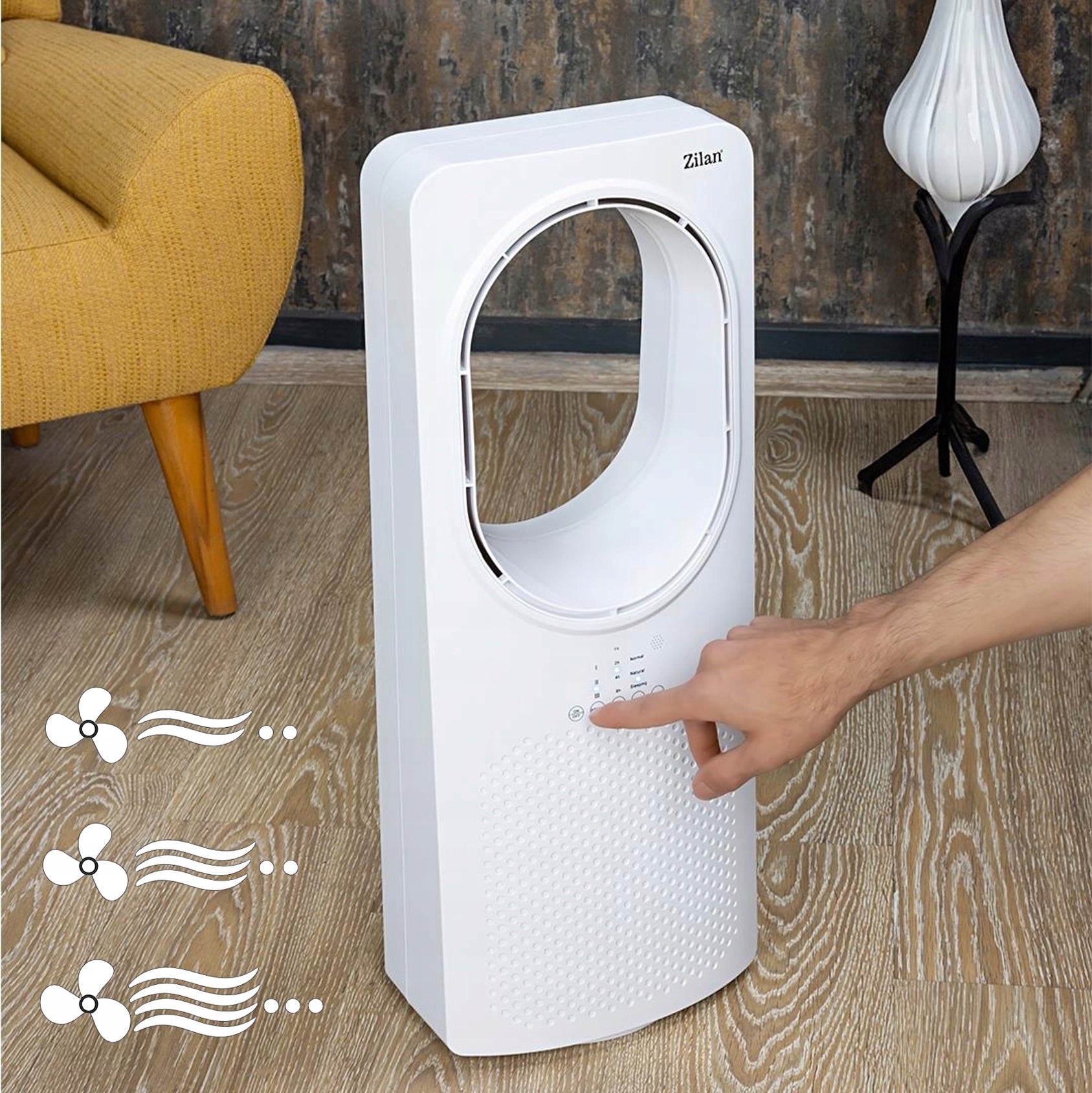 BLADELESS COLUMN FAN WHITE QUIET TOUCH PANEL + 50W REMOTE CONTROL Brand Zilan