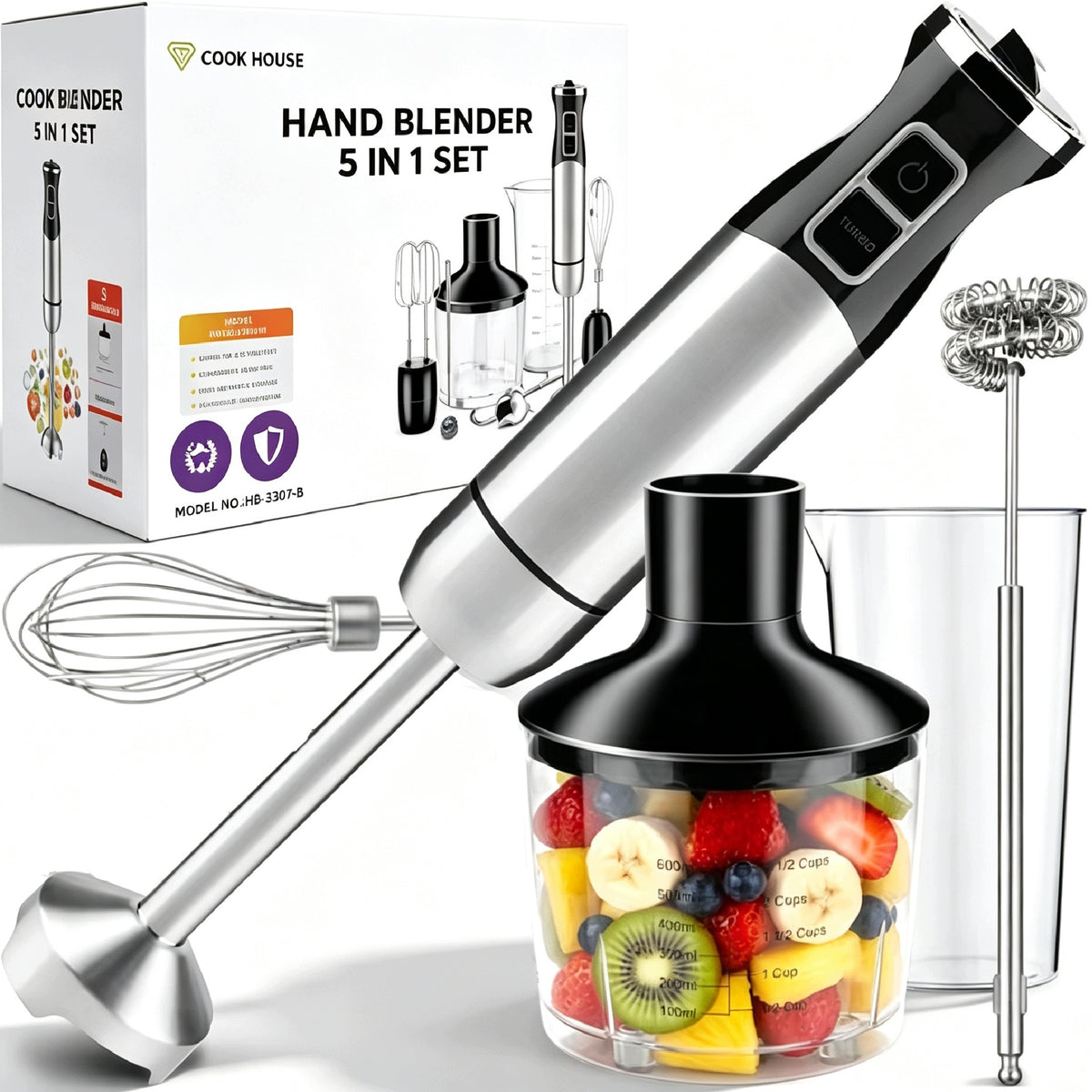 BLENDER RĘCZNY WIELOFUNKCYJNY 21 POZIOMÓW TRYB TURBO ZESTAW 5W1 MOCNY 1800W
