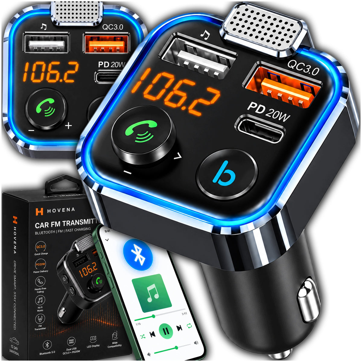BLUETOOTH CAR FM TRANSMITTER 3x USB ADAPTER FAST MP3 RGB CHARGER