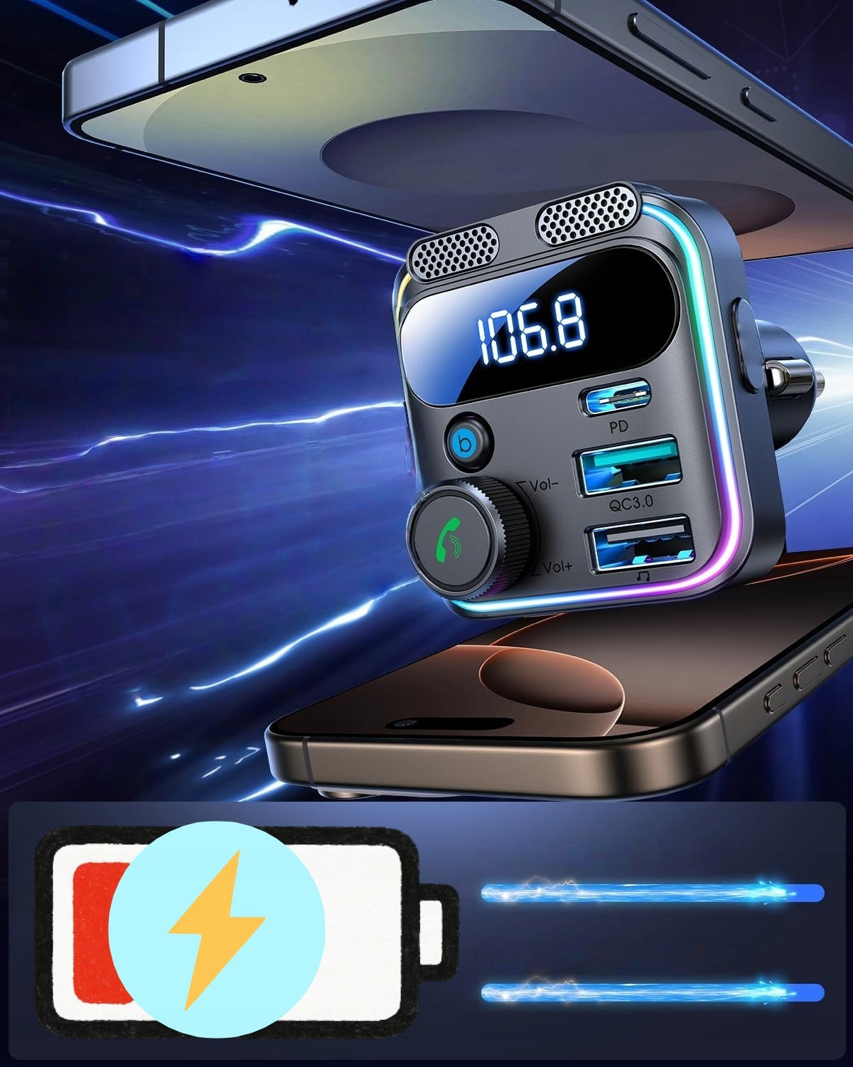BLUETOOTH CAR TRANSMITTER PD45W QC36W 3 Music Modes 2 Microphones Manufacturer code 8850297332153