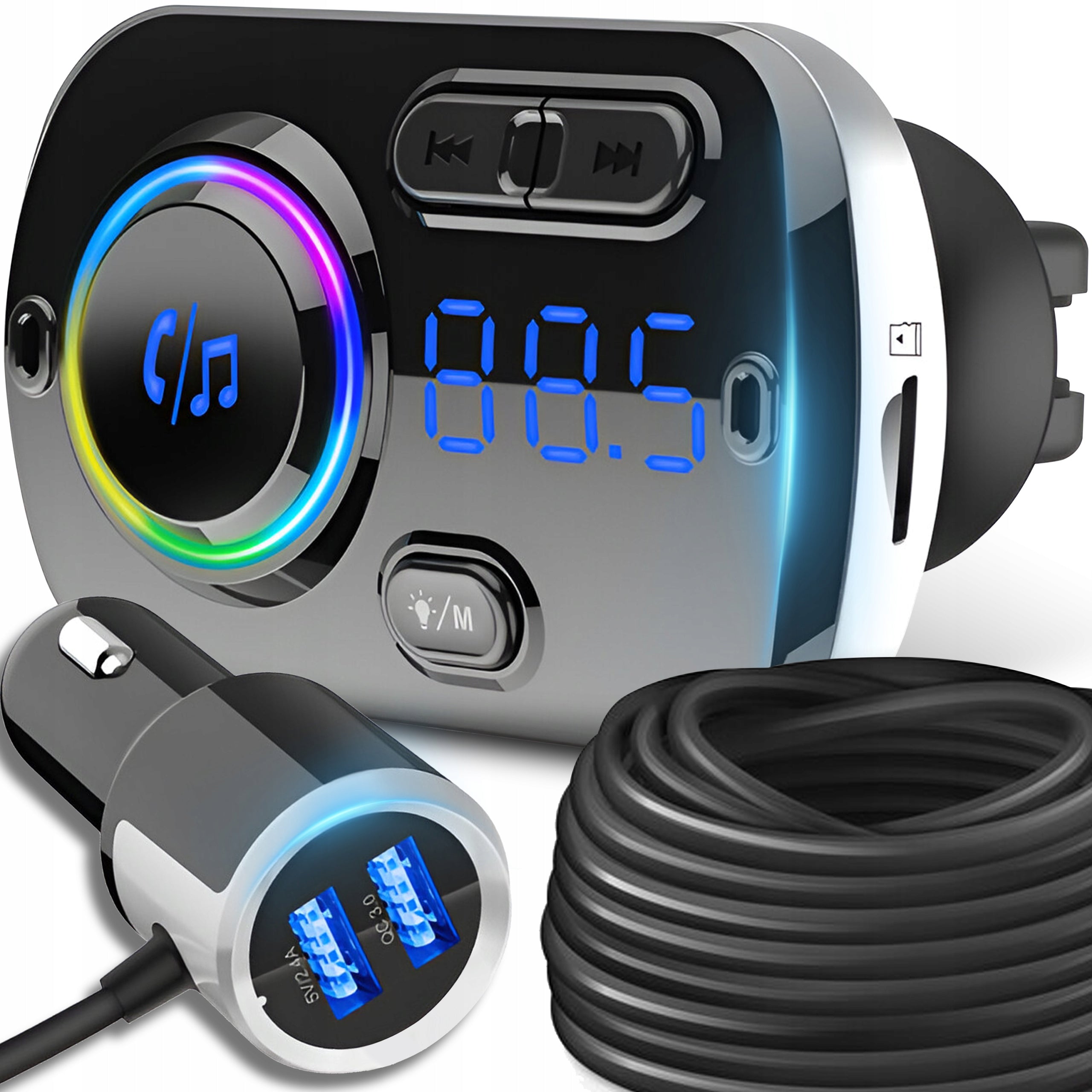 BLUETOOTH FM CAR TRANSMITTER 2X FAST USB-C AUX CHARGER TALK
