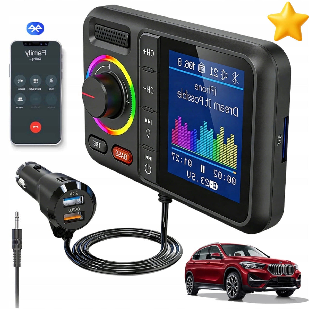 BLUETOOTH FM CAR TRANSMITTER 2X USB QC3.0 MP3 AUX TALK