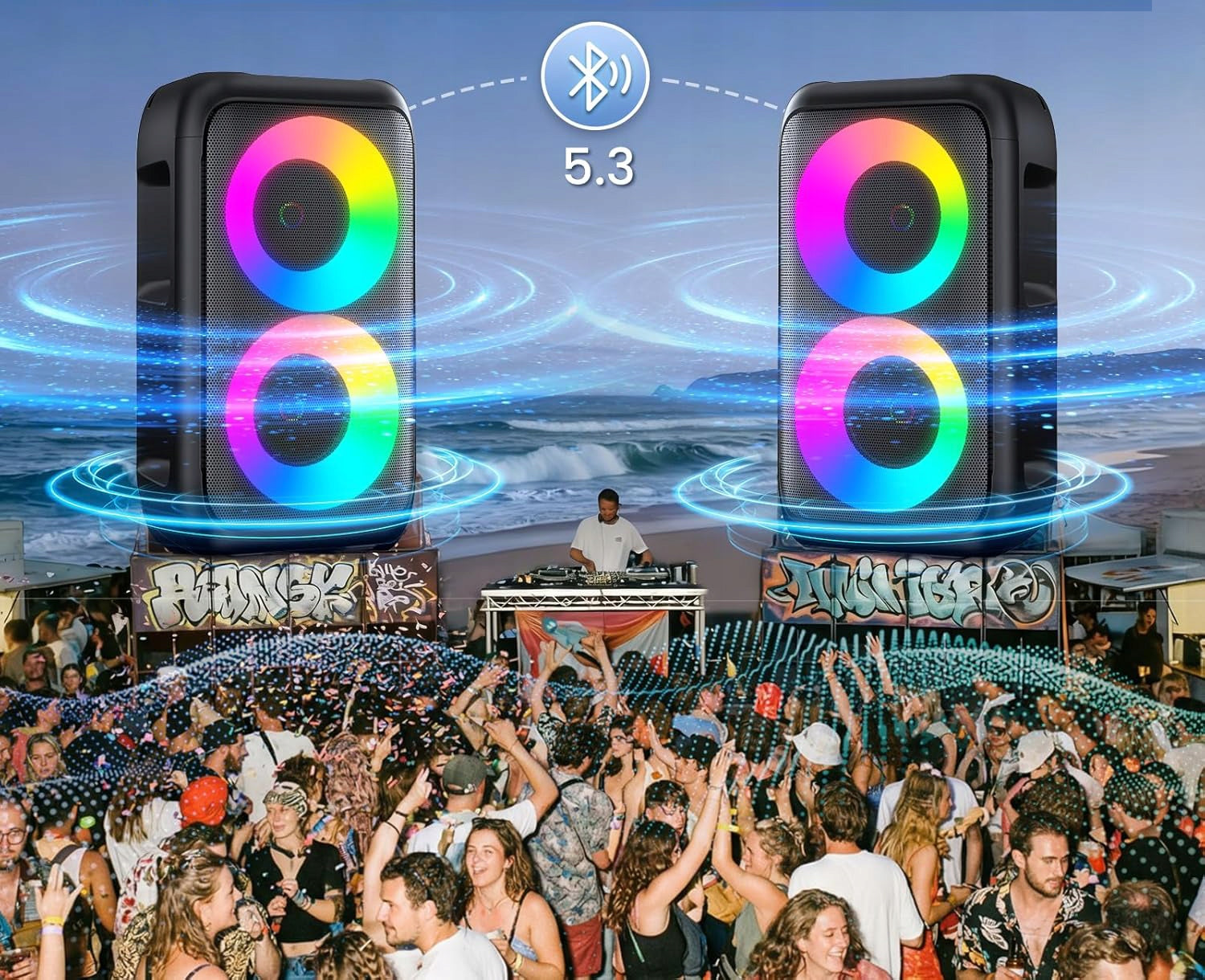 BLUETOOTH KARAOKE SPEAKER MACHINE WITH 2 WIRELESS MICROPHONES COLOR LED Manufacturer code 05123989-1