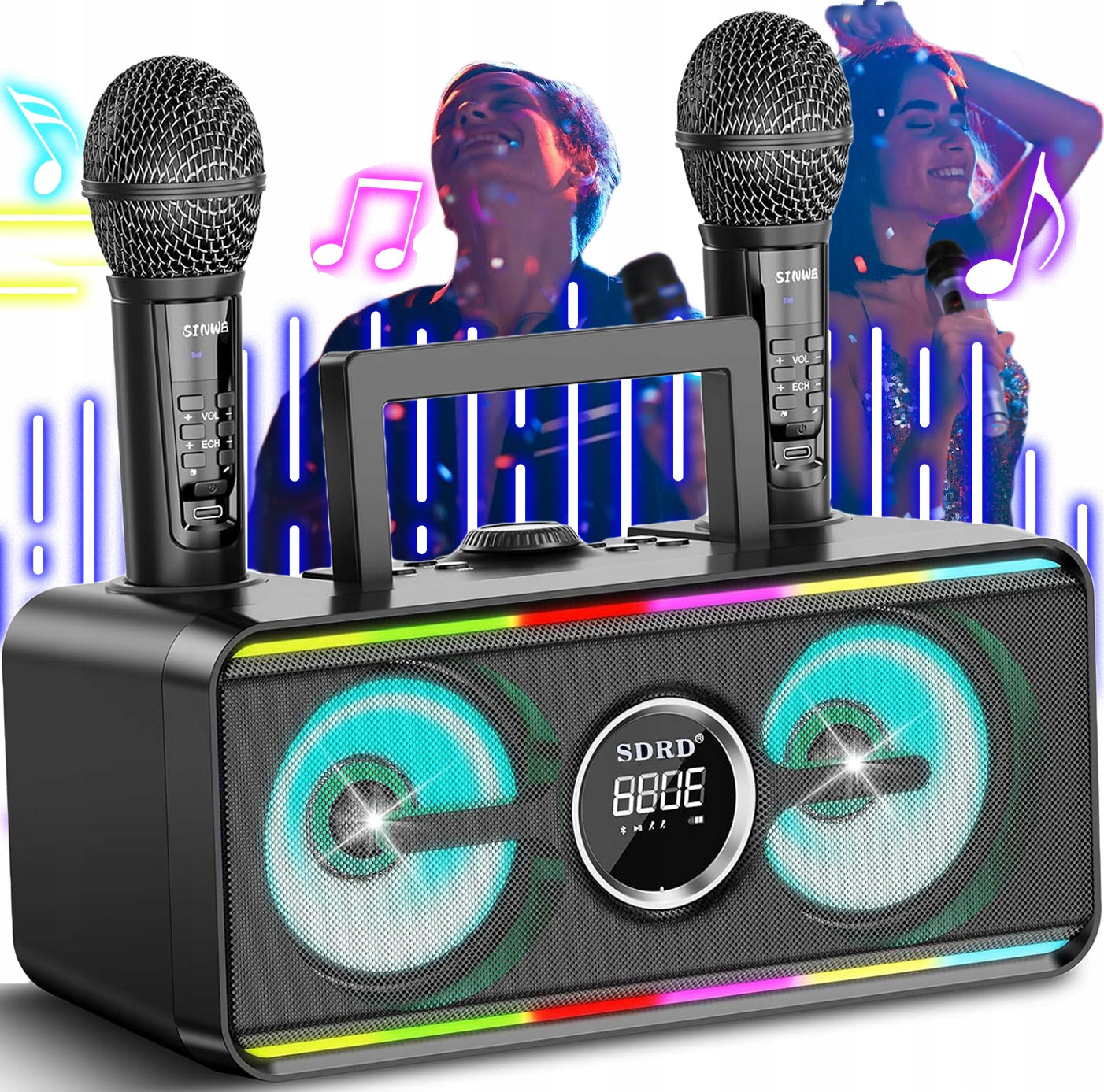 BLUETOOTH KARAOKE SPEAKER MACHINE WITH 2 WIRELESS MICROPHONES COLOR LED