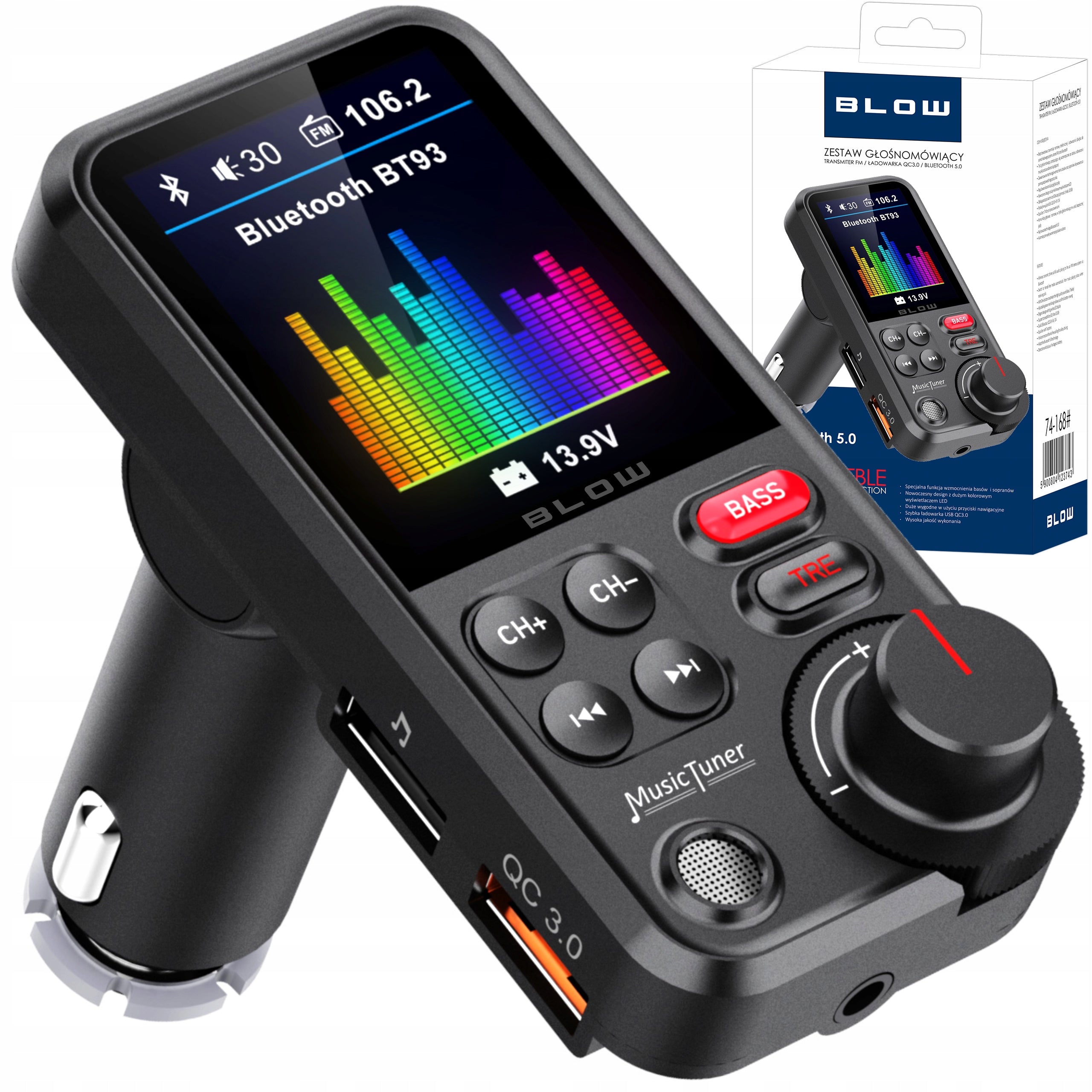BLUETOOTH TRANSMITTER 5.0 FM SPEAKERPHONE QC3.0 SD BASS LARGE LCD 24V