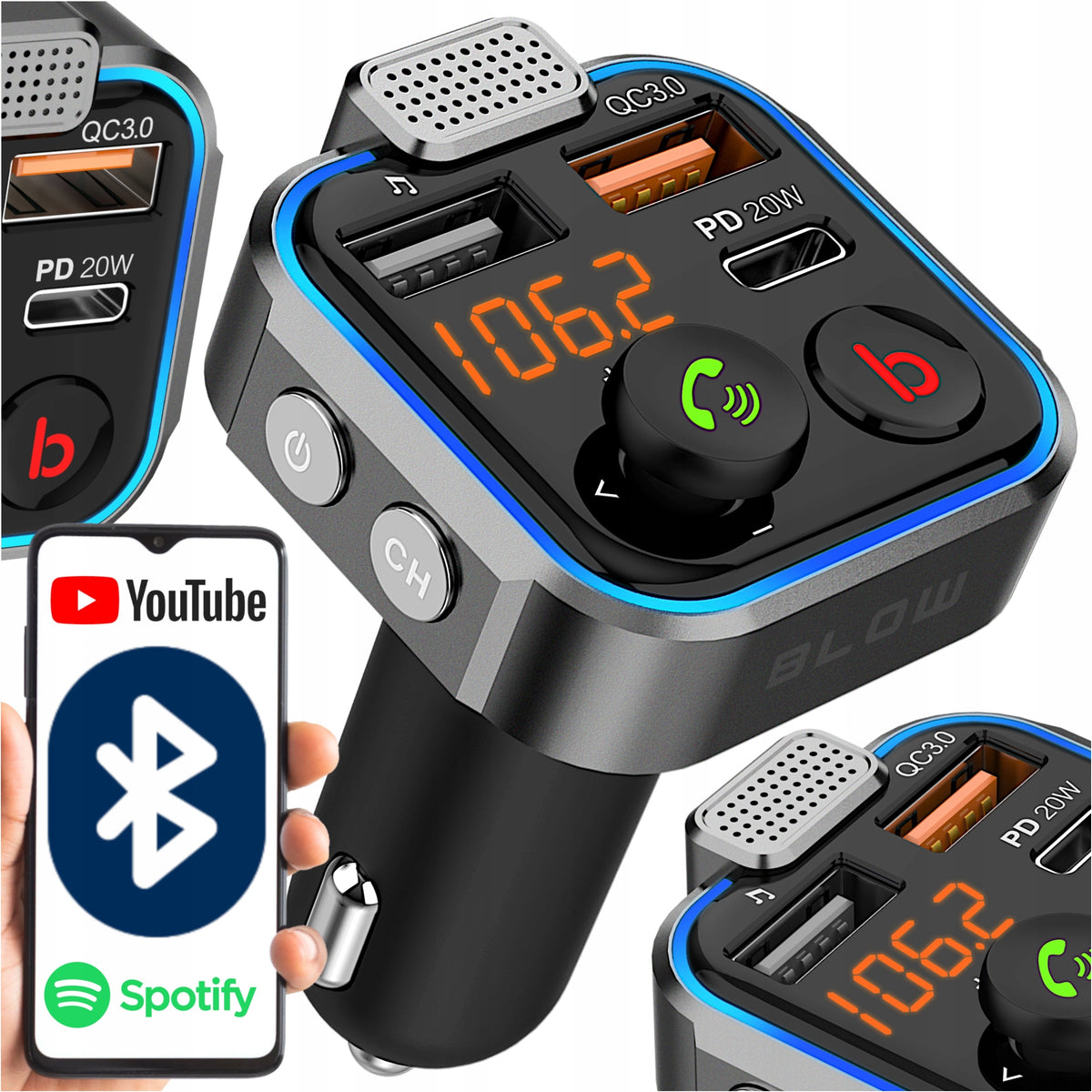 BLUETOOTH TRANSMITTER 5.0 FM USB CHARGER PD 20W QC 3.0 STRONG BASS MICROPHONE