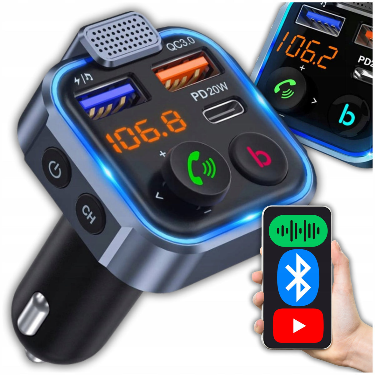 BLUETOOTH TRANSMITTER FM AUDIO USB PD FAST CAR CHARGER 12/24V