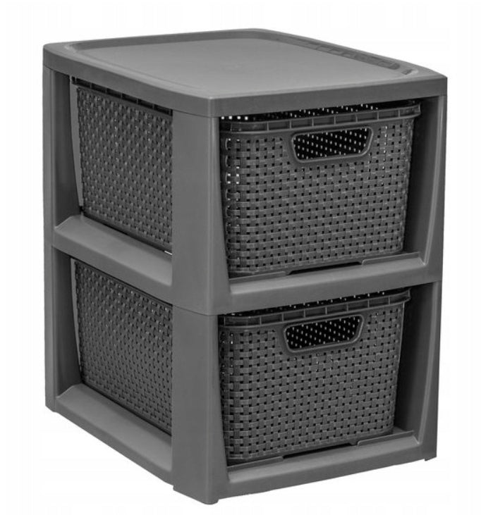 BOOKCASE 2 BASKETS CHEST OF DRAWERS CABINET SHELF RATTAN BRANQ GREY