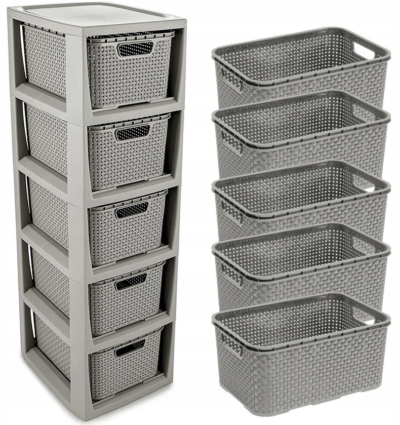 BOOKCASE CHEST OF DRAWERS WARDROBE SHELF WITH 5 DRAWER BASKETS POST BATHROOM CABINET RATTAN