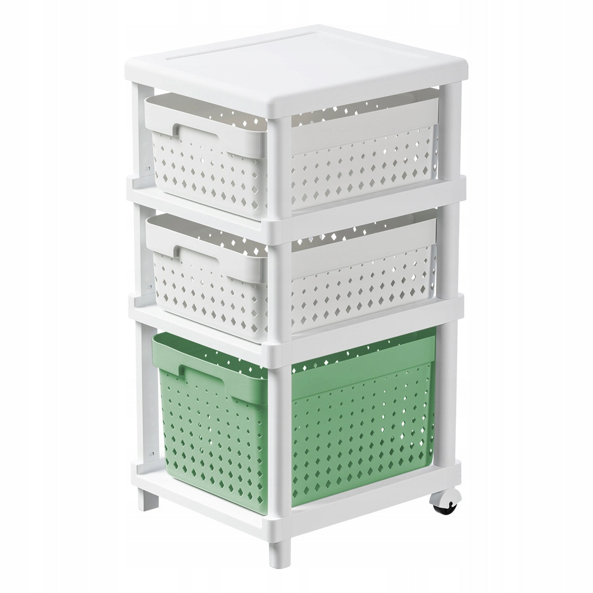 BOOKCASE WITH BASKETS Bathroom Shelf On Wheels Baskets White Green 36x31x66cm