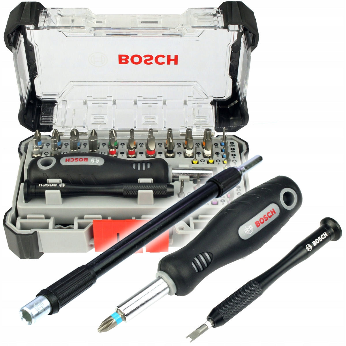 BOSCH - SET OF 43 BITS WITH TWO SCREWDRIVERS + FLEXIBLE EXTENSION CABLE