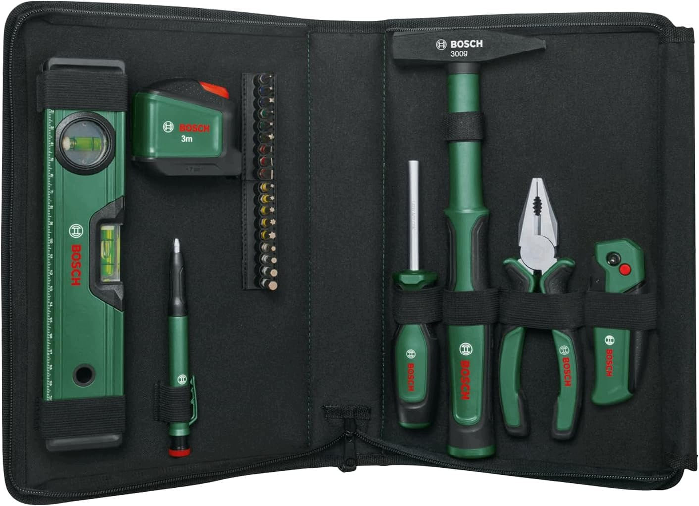 BOSCH UNIVERSAL 25 PARTS TOOL SET, PLIERS, HAMMER, LEVEL Packaging status original