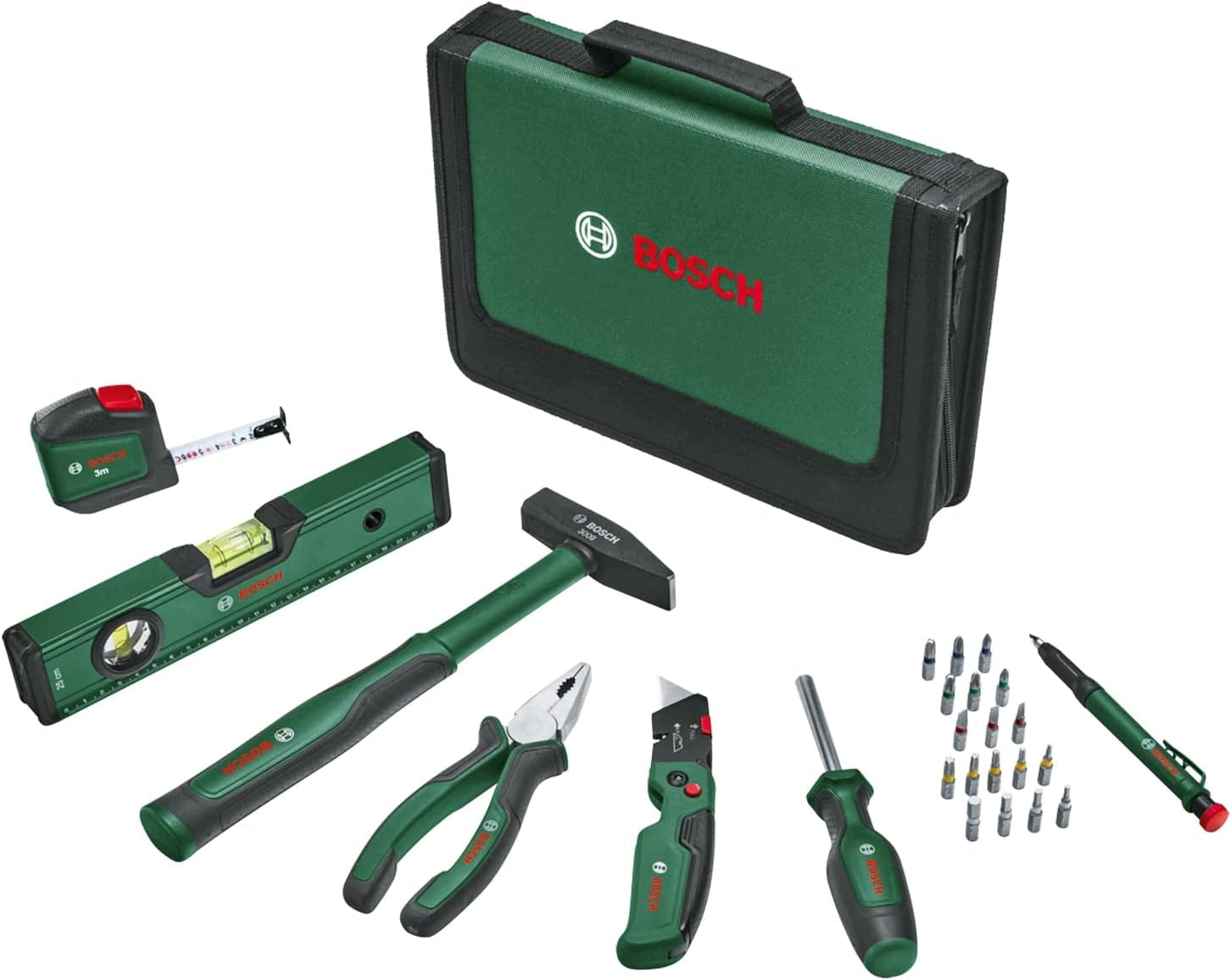 BOSCH UNIVERSAL 25 PARTS TOOL SET, PLIERS, HAMMER, LEVEL