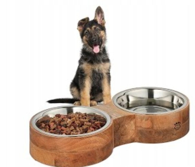 BOWLS ON WOODEN DOG STAND metal 2pcs x 2,2 l for water feed
