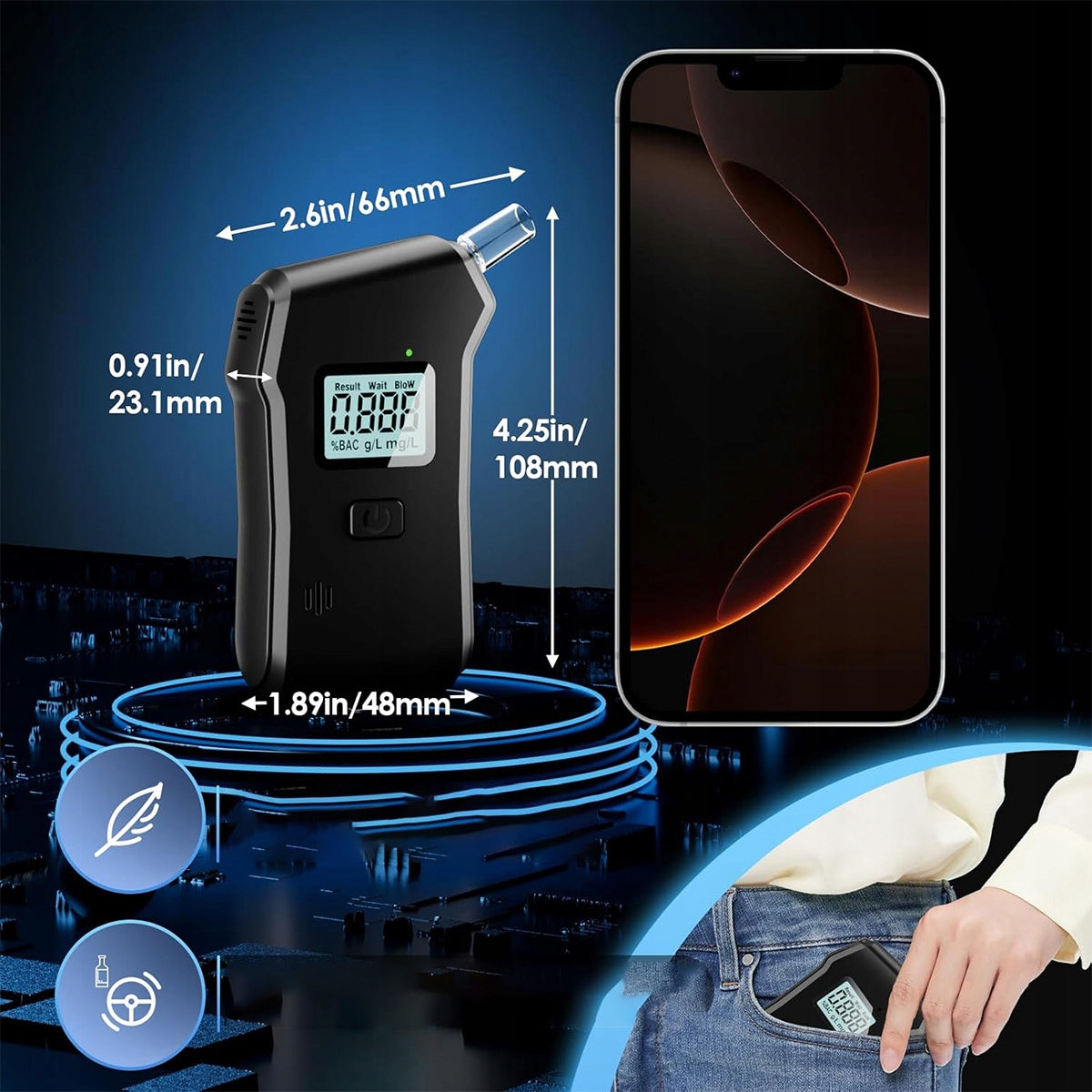 BREATHALYZER DIGITAL PROFESSIONAL ALCOHOL TESTER LED DISPLAY 10 MOUTHPIECES Packaging status original