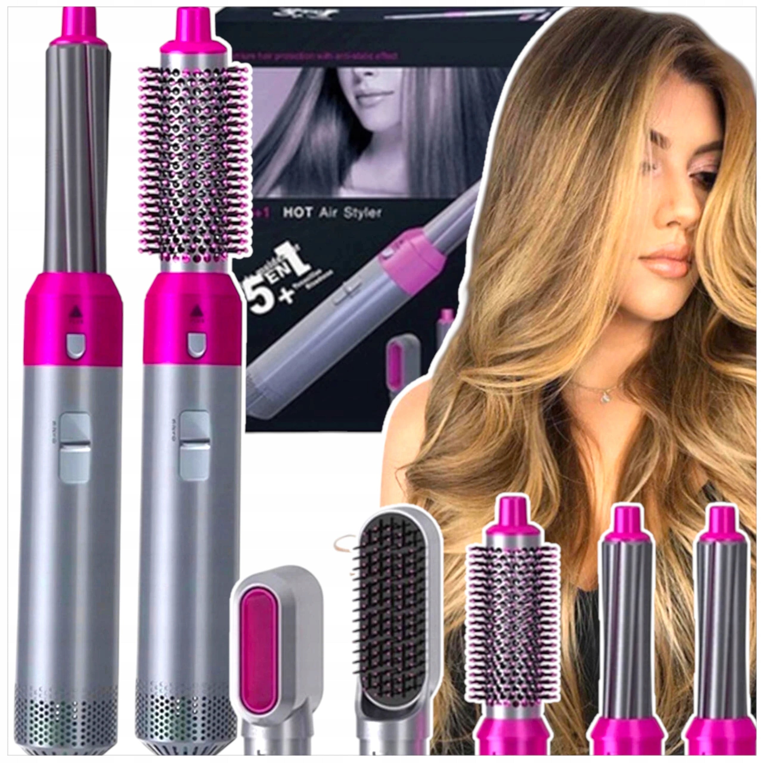BRUSH HAIR DRYER STRAIGHTENER 5IN1 SET IONIZATION 5 TIPS
