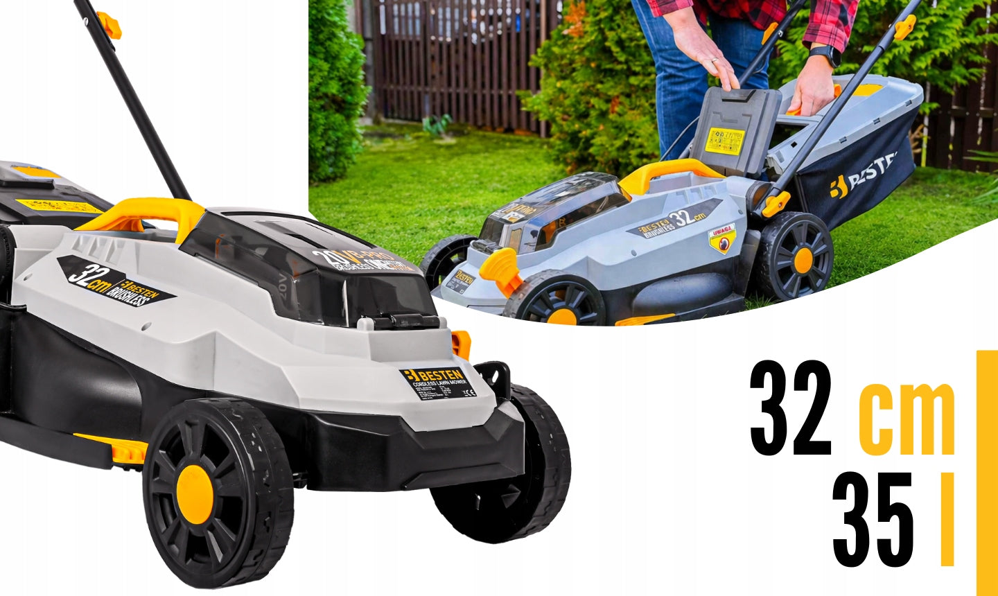 BRUSHLESS CORDLESS MOWER 32CM FOR GRASS 35L AKU 6AH STRONG BESTEN Series B-PRO