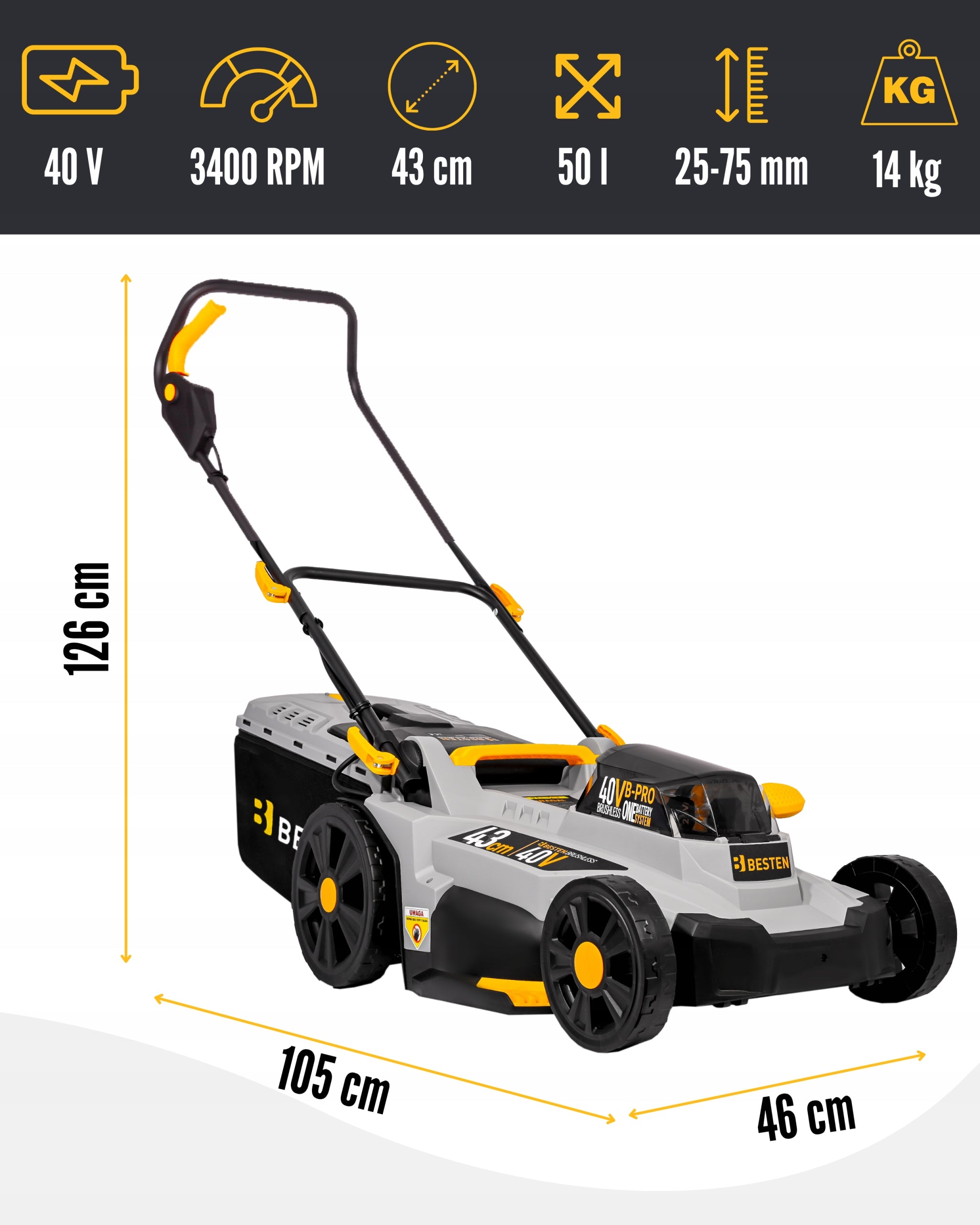 BRUSHLESS CORDLESS MOWER 43CM FOR GRASS 2X AKU 12AH STRONG BESTEN Packaging status original