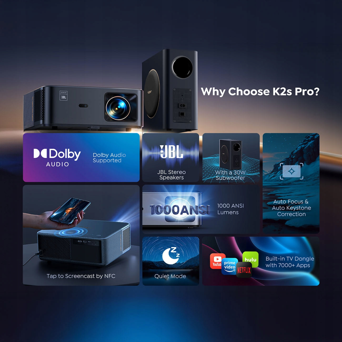BT LCD CINEMA PROJECTOR WIFI6 1080p 800 ANSI YABER K2s PRO + JBL SUBWOOFER Manufacturer code 6977703630565