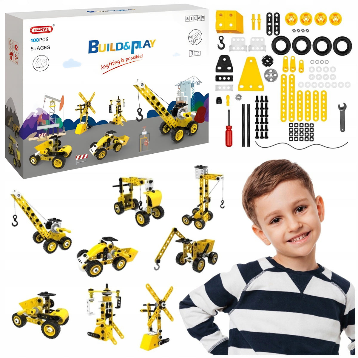 BUILDING BLOCKS 100EL 8 VEHICLES CONSTRUCTION MACHINERY FOR CHILDREN PLASTIC