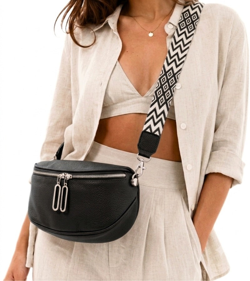 BUM BAG WOMEN'S SACHET CAPACIOUS GENUINE LEATHER BLACK IMPRESSIVE IN SPRING