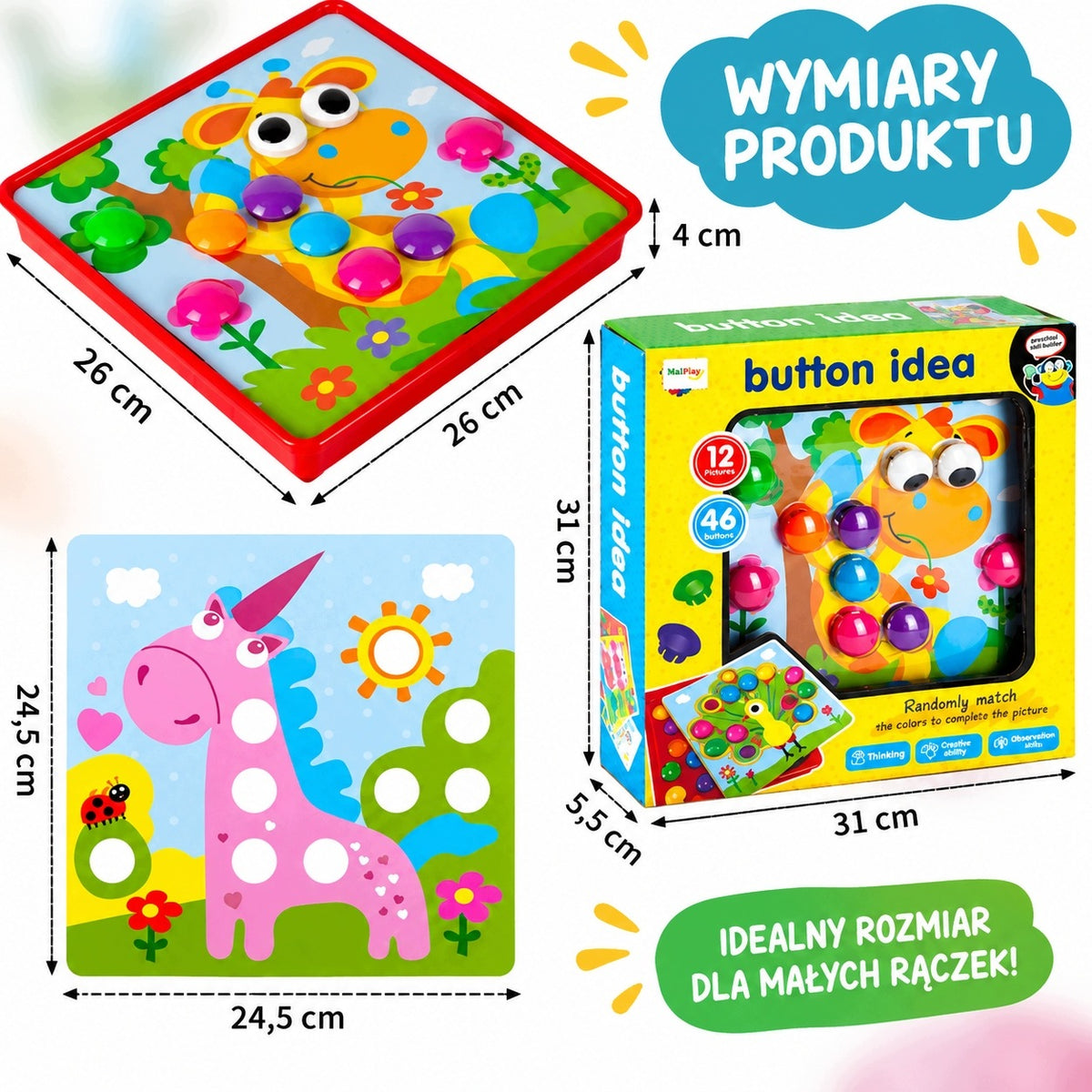 BUTTON MOSAIC MONTESSORI 46 EL. EDUCATIONAL PUZZLE 12 PICTURES 3+ XXL Brand MALLE