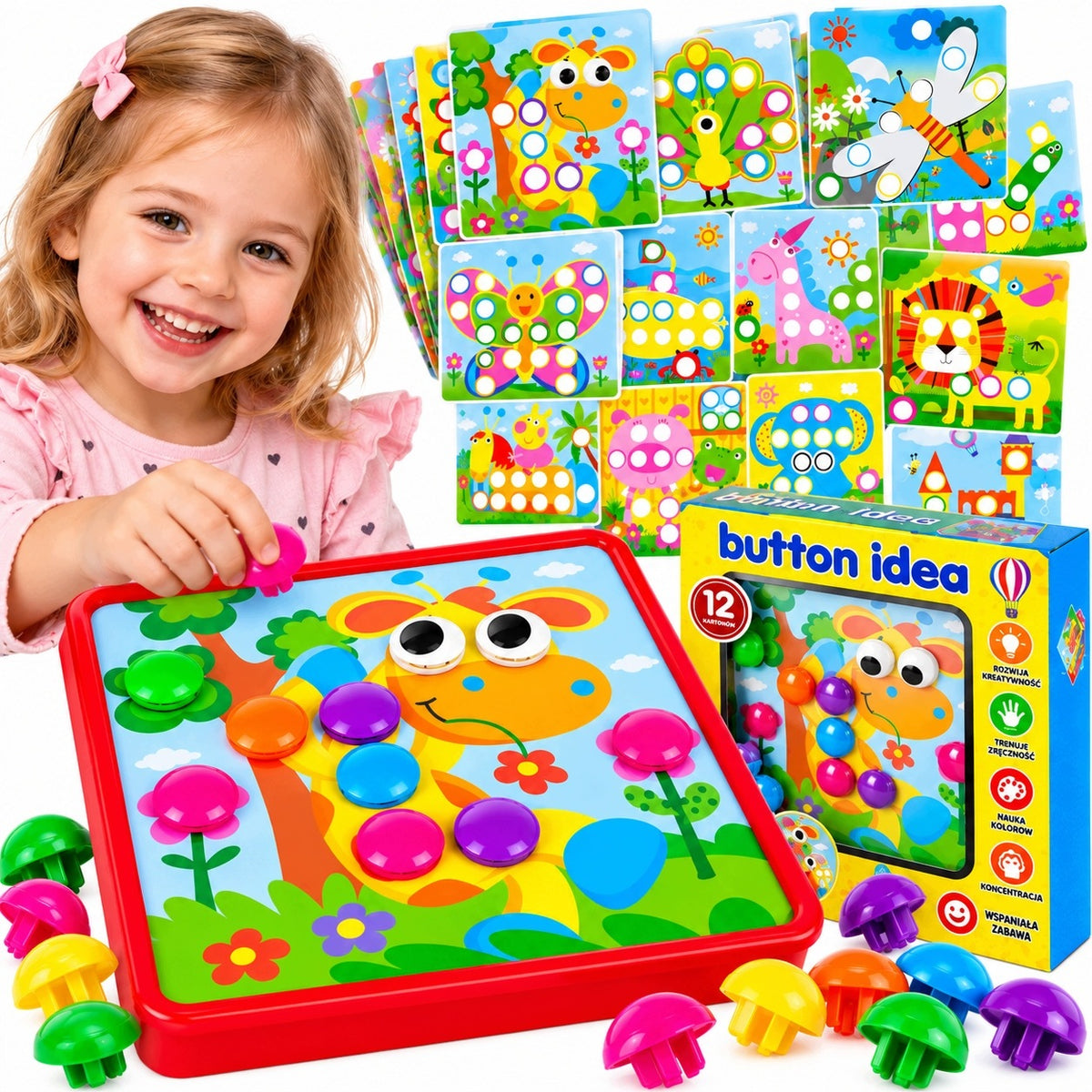 BUTTON MOSAIC MONTESSORI 46 EL. EDUCATIONAL PUZZLE 12 PICTURES 3+ XXL