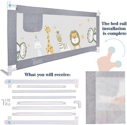 Baby Bed Protective Barrier 200 cm Adjustable, Drop Down, Grey Brand no brand
