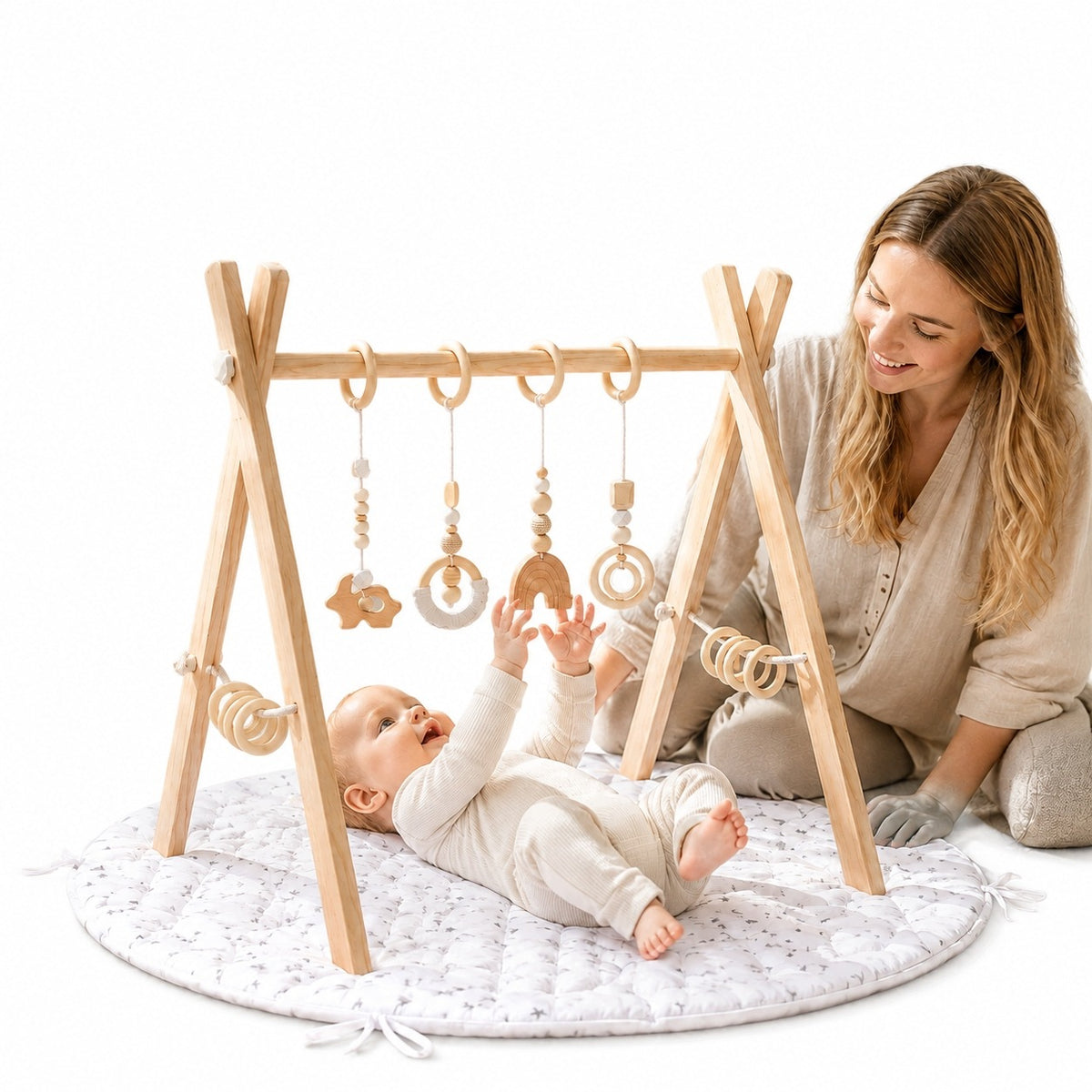 Baby Gymnastic Stand with Mat 4 Pendants 8 Wheels montessori
