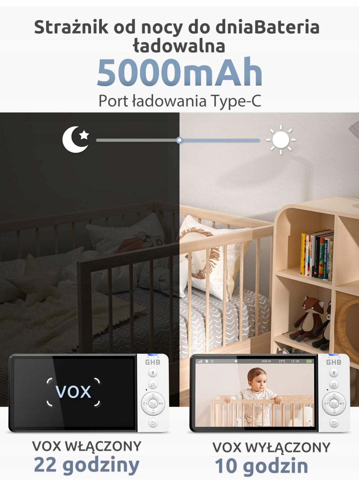 Baby Monitor Video 5" Rotating 350 Motion Detection VOX Brand GHB
