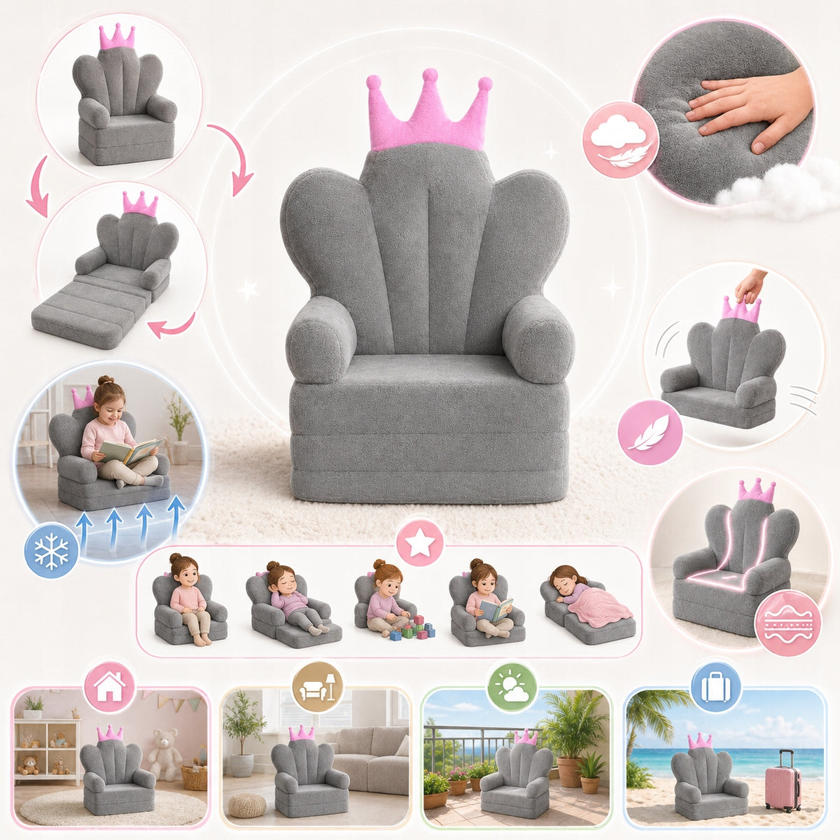 Baby Reclining Chair Plush Grey with Pink XXL Crown for Room Packaging status original