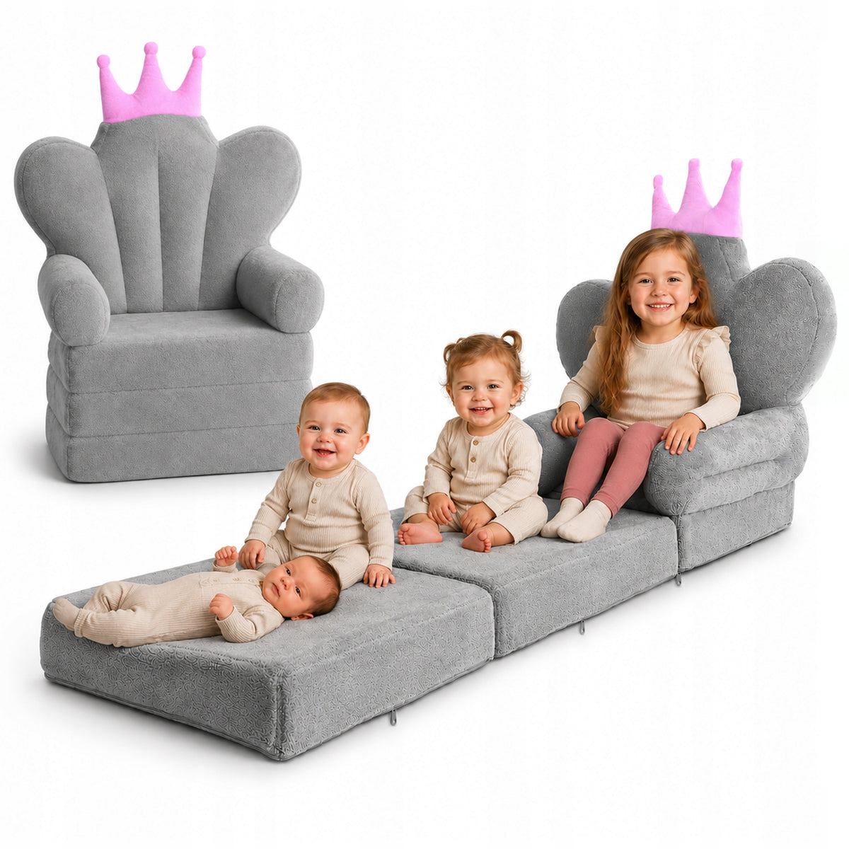 Baby Reclining Chair Plush Grey with Pink XXL Crown for Room