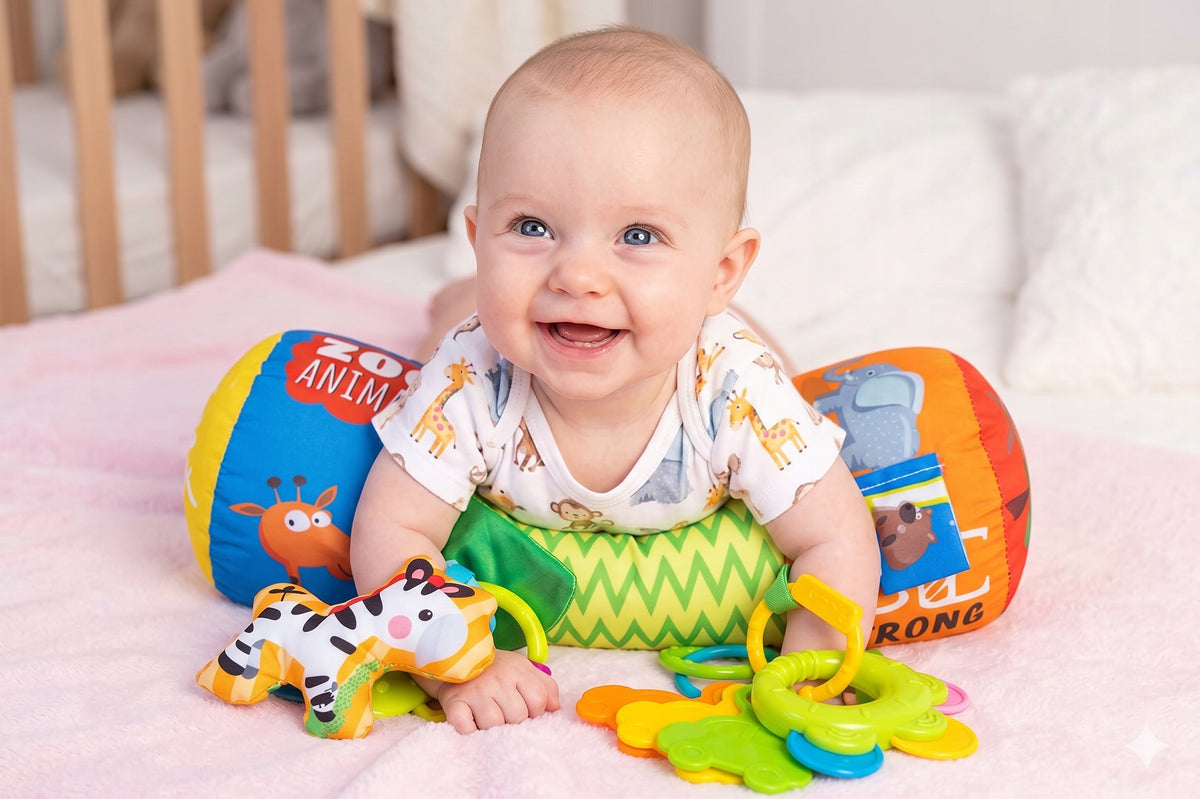 Baby Roller Sensory Pillow Teether Rattle Soft Plush Packaging status original