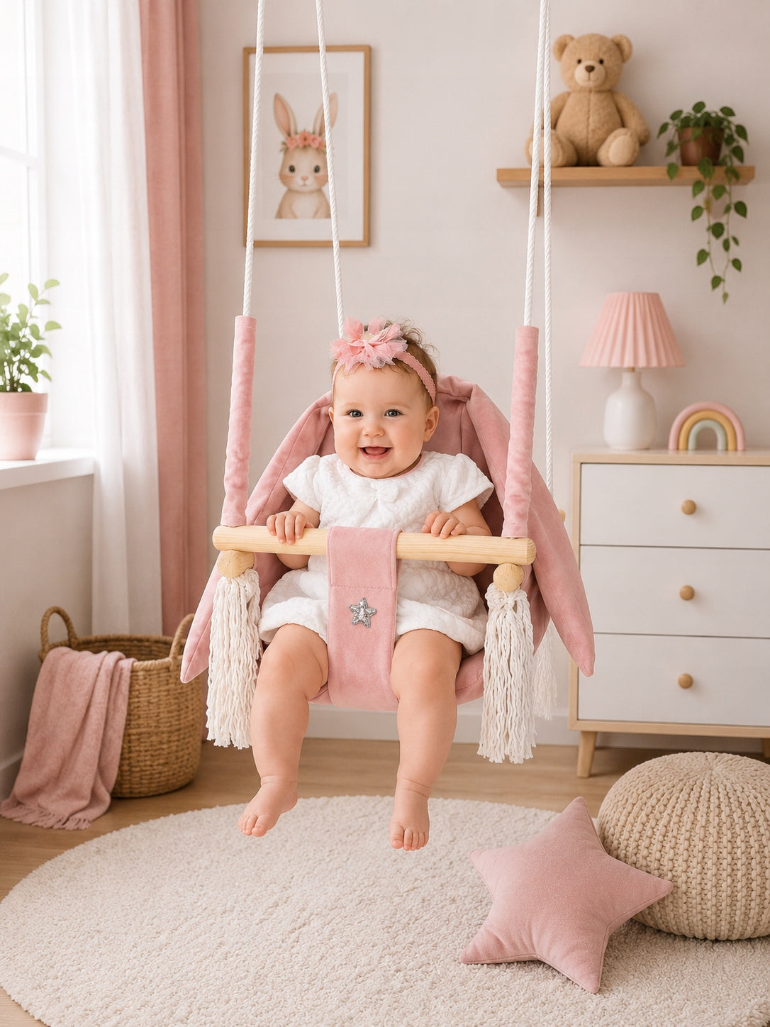 Baby Swing Wooden RABBIT with Backrest and Straps for Home and Garden Packaging status original
