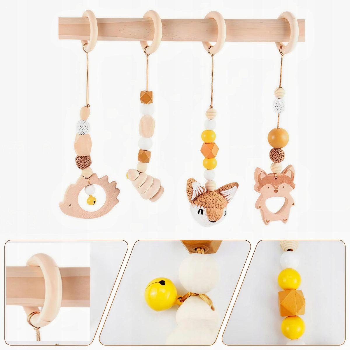 Baby Teether Set of 4pcs Wood Hedgehog Fox Toy Kind pendants
