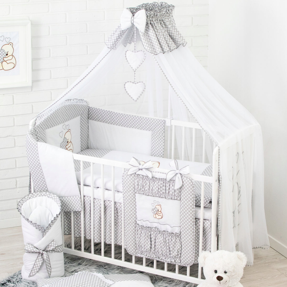 Baby cot and bedding for babies with mattress. 17ele Set grey Brand Bello