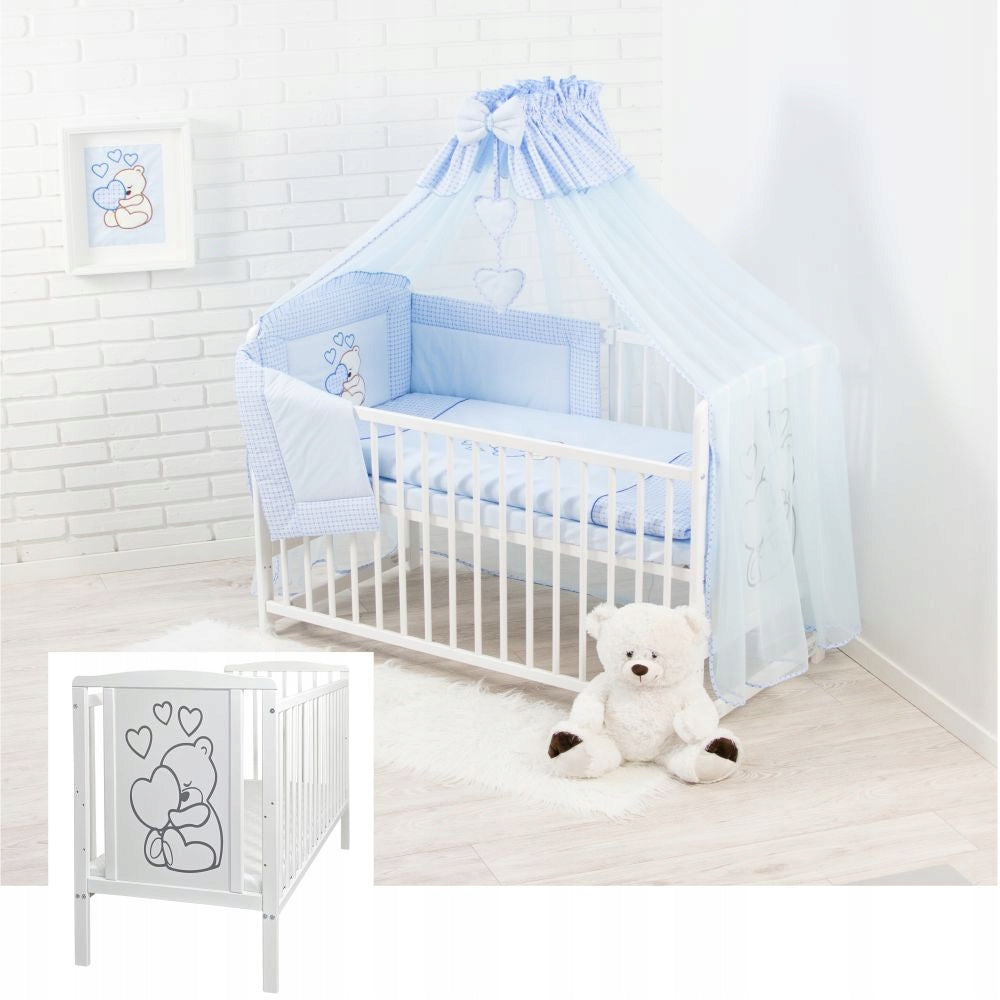 Baby cot with mattress bedding and canopy. 12 pieces