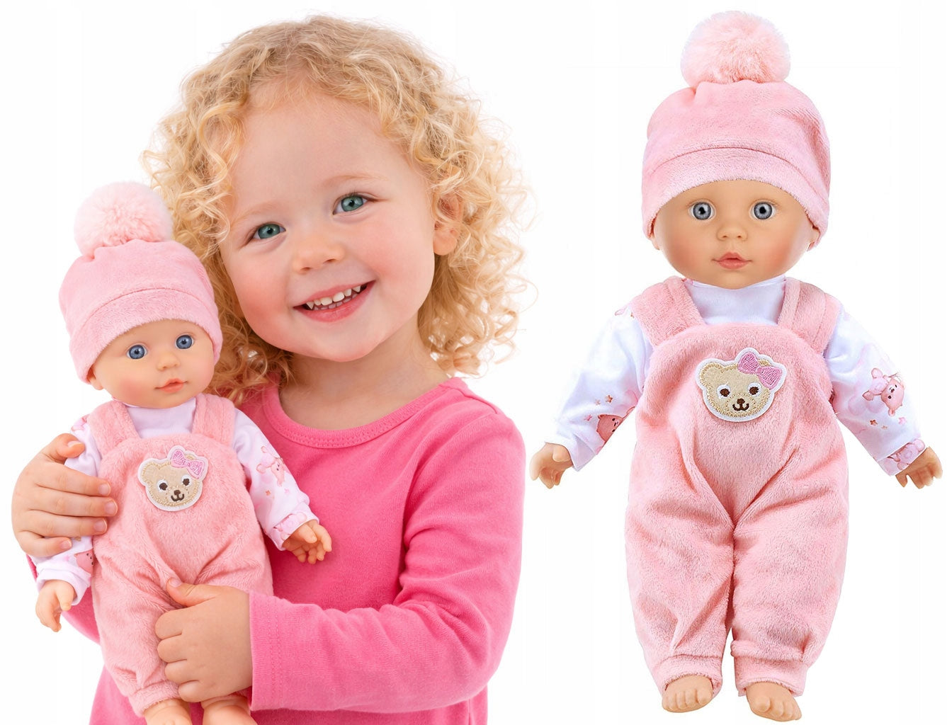 Baby doll says SINGS SONGS TOY teaches FAIRY TALES in Polish and EN