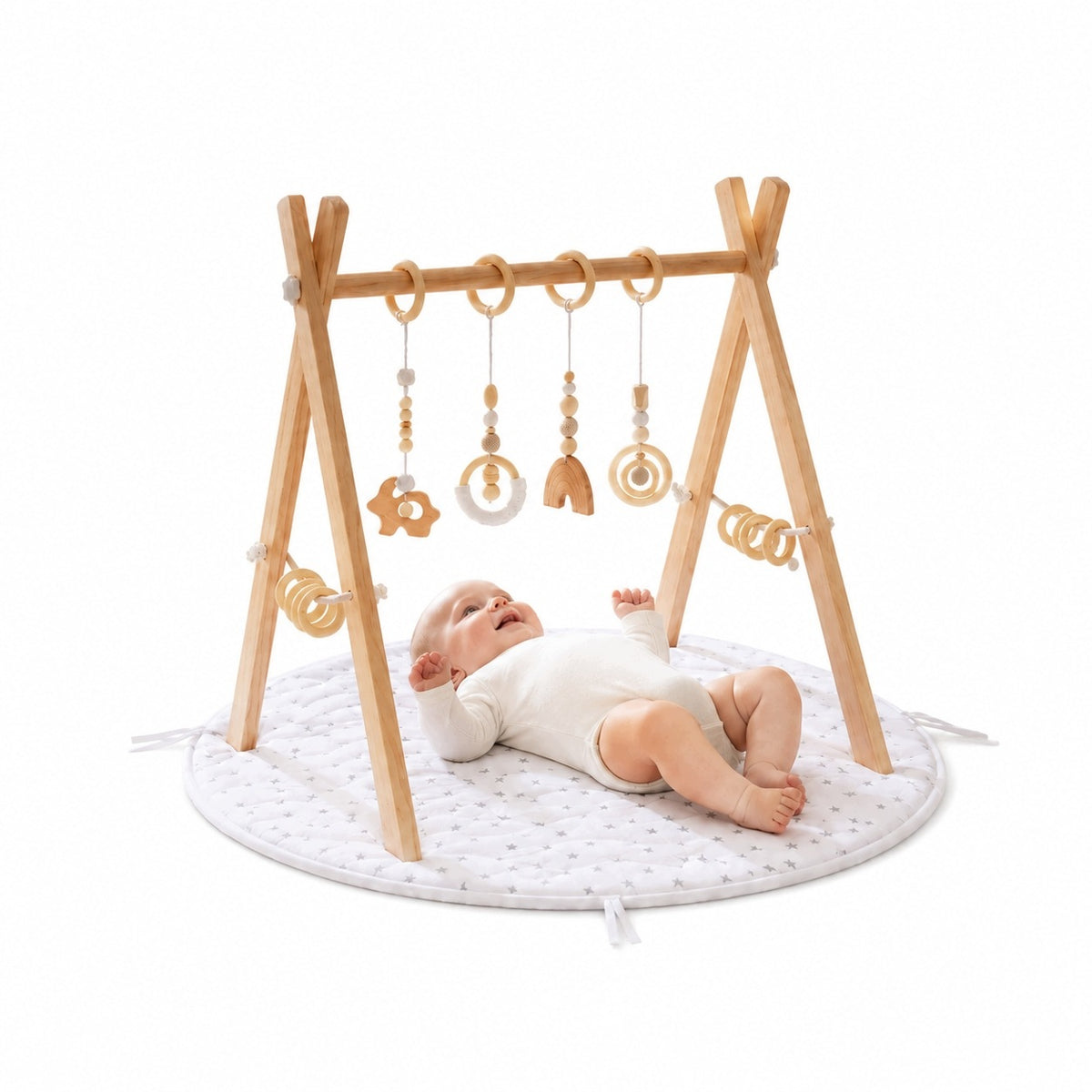 Baby gym wooden educational stand with mat 4 pendants 8 rings