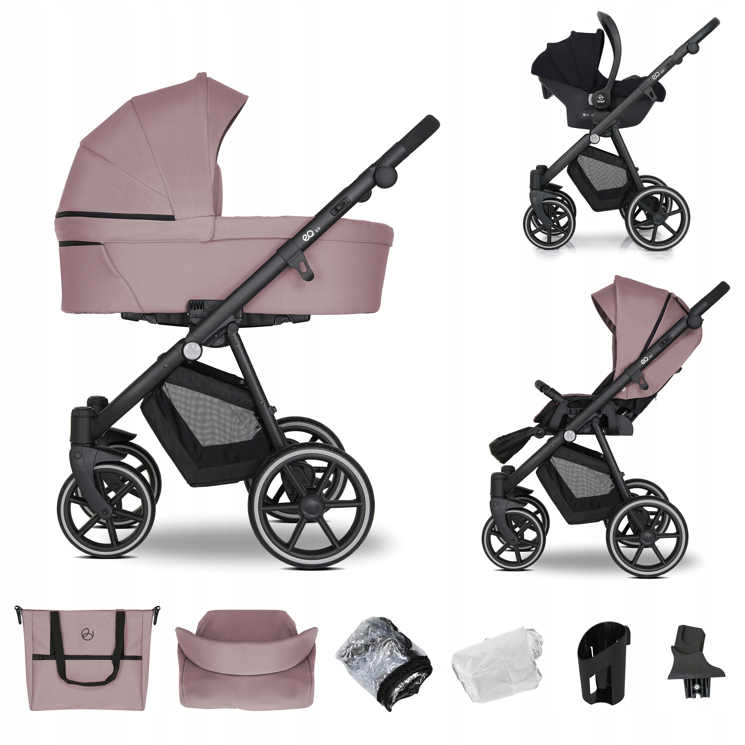 Baby stroller 3in1 EMJOT EQ 2.0 multifunctional pink accessories f. Cosmo