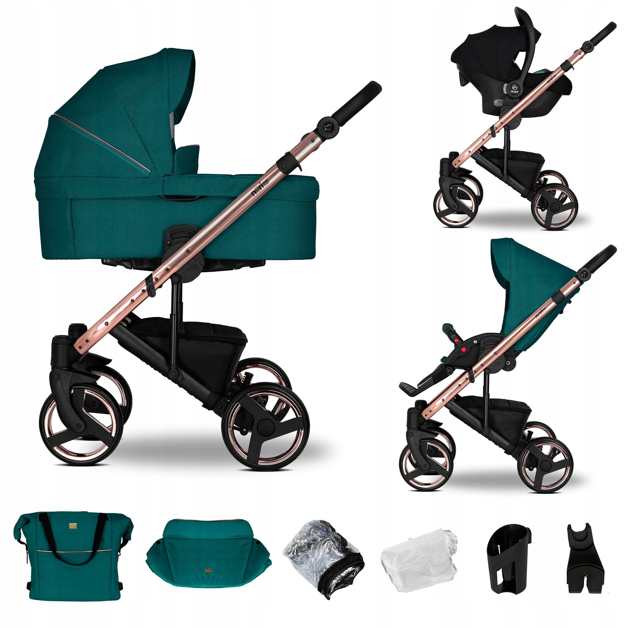 Baby stroller 3in1 EMJOT NERI ROSE GOLD - multifunctional, green, F.COSMO