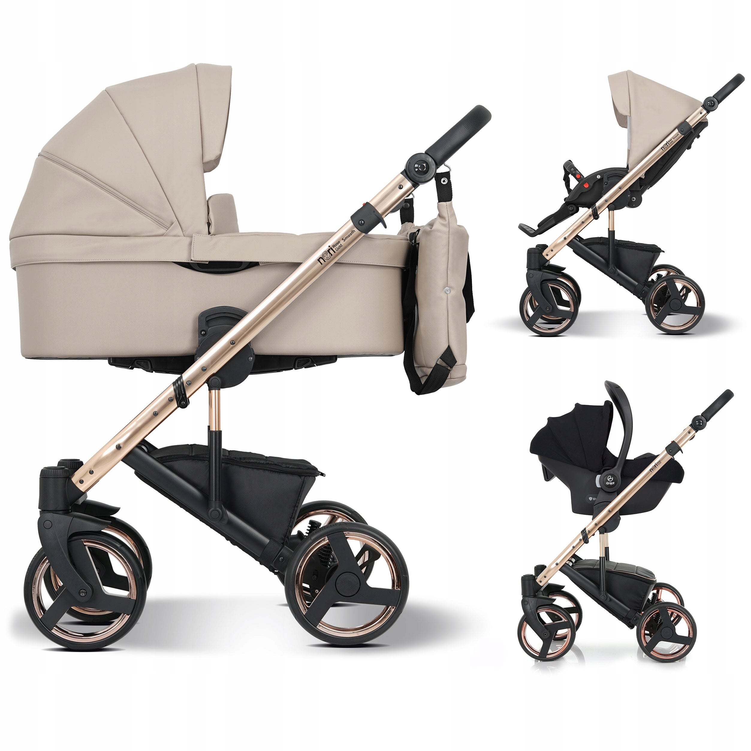 Baby stroller 3in1 EMJOT NERI SMOOTH ROSE GOLD multifunctional ECO leather