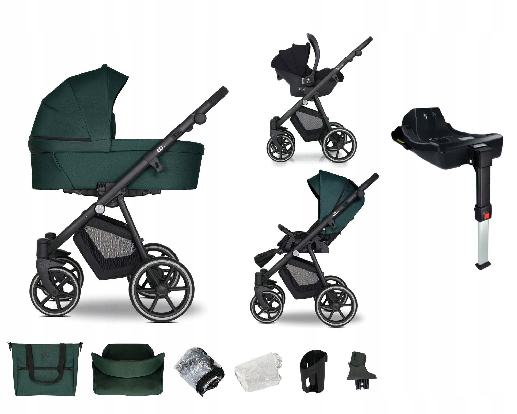 Baby stroller 4in1 EMJOT EQ 2.0 multifunctional green f.Cosmo base isofix